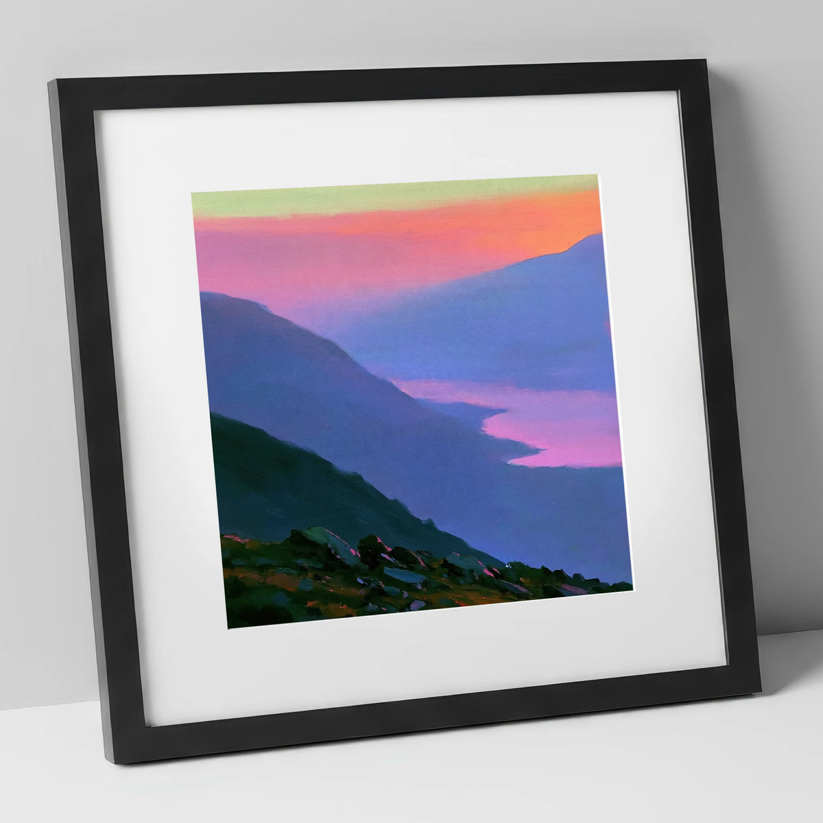 Vivid Sunset Over the Fells lake district fell art print in black frame
