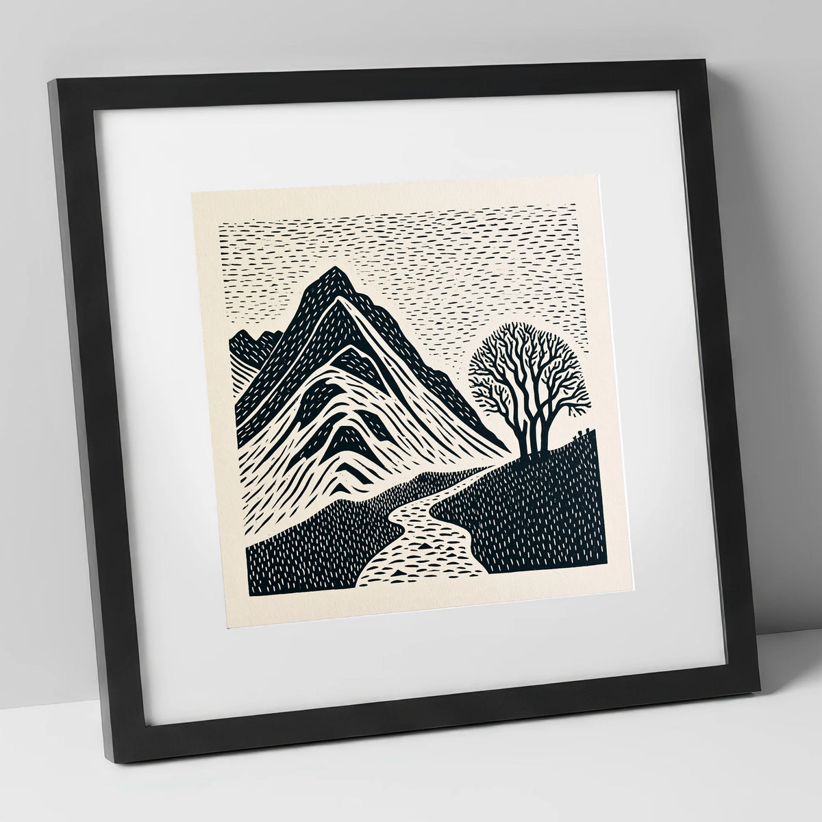 Graphic Bowfell and Lone Tree lake district fell art print in black frame