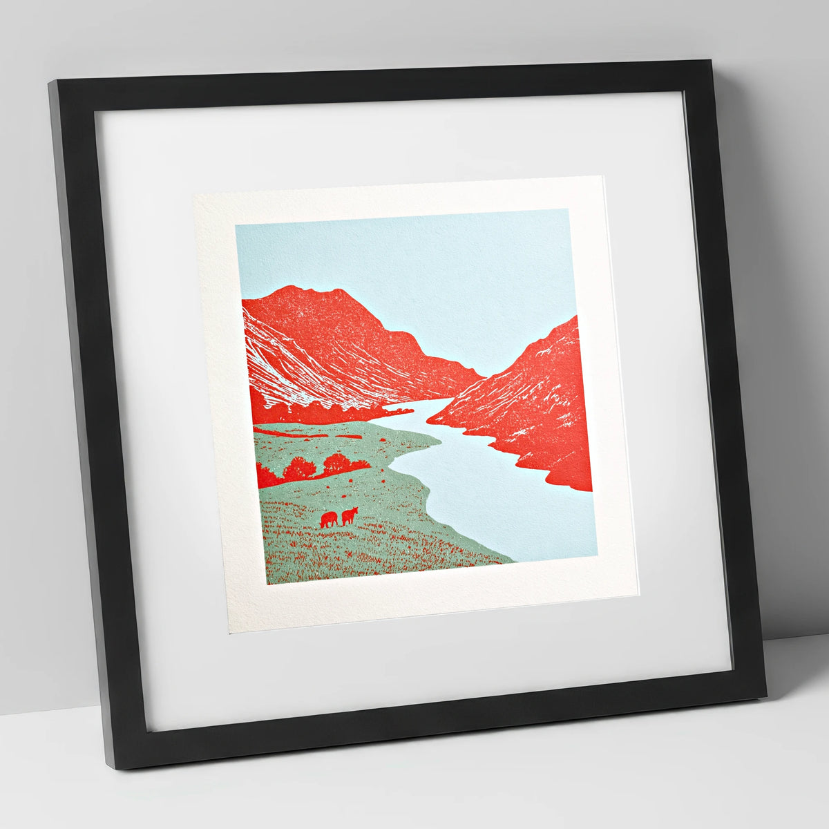 Eskdale Valley in Vivid Red lake district valley art print in black frame