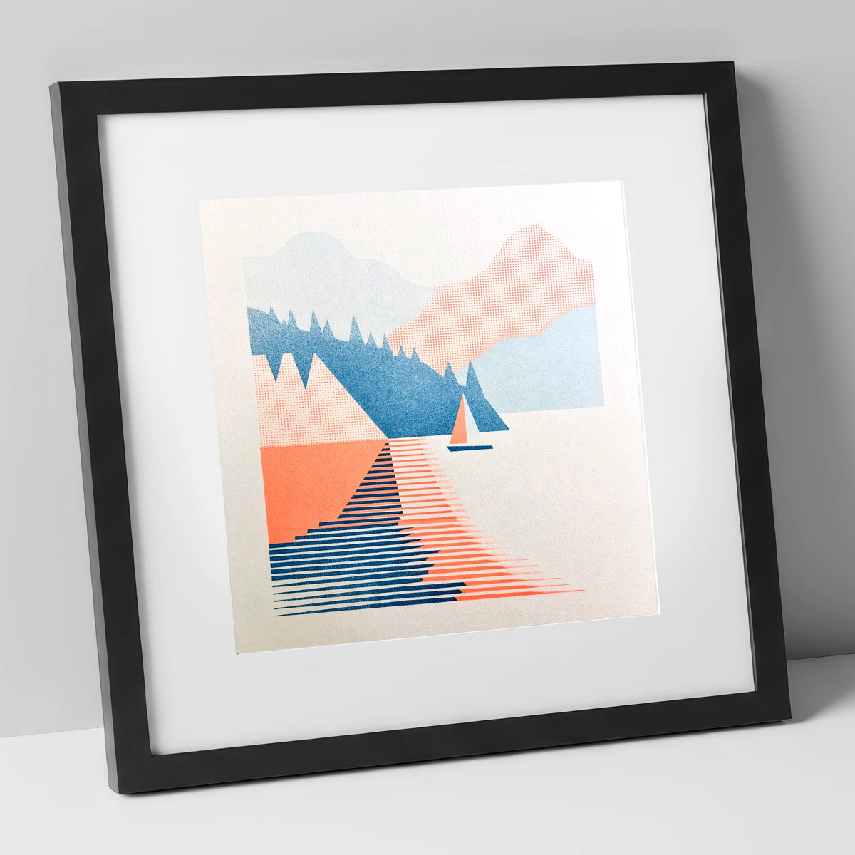 Geometric Sailboat on Windermere lake district lake art print in black frame