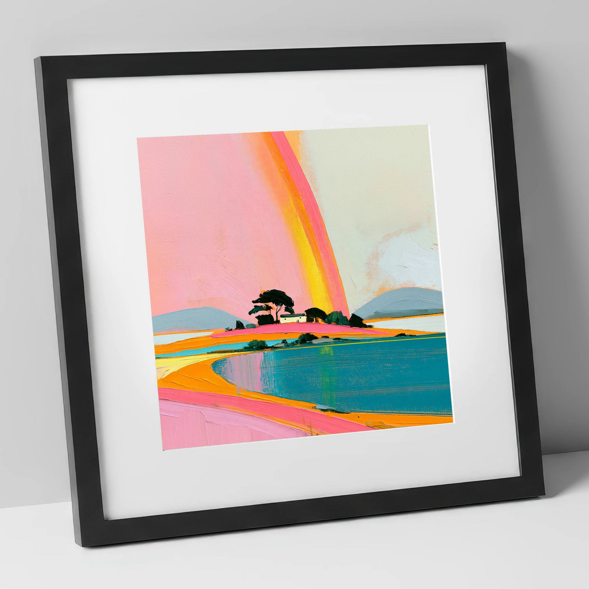 Bold Rainbow Over the Lake lake district sky art print in black frame