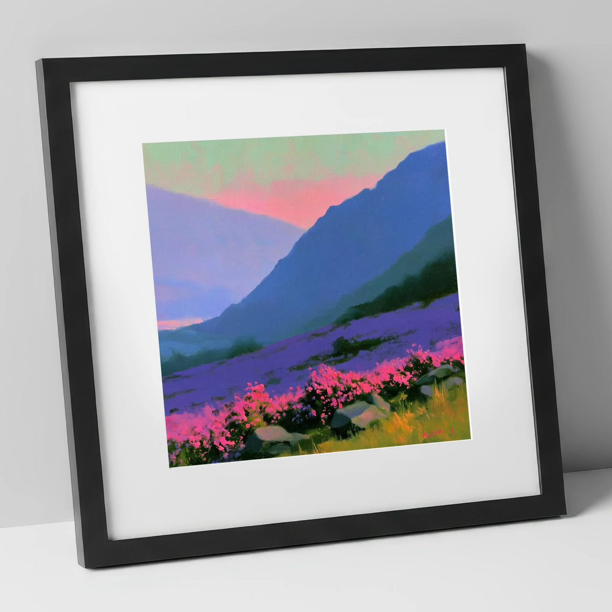 Indigo Fells and Vibrant Heather flowers & fellsides art print in black frame