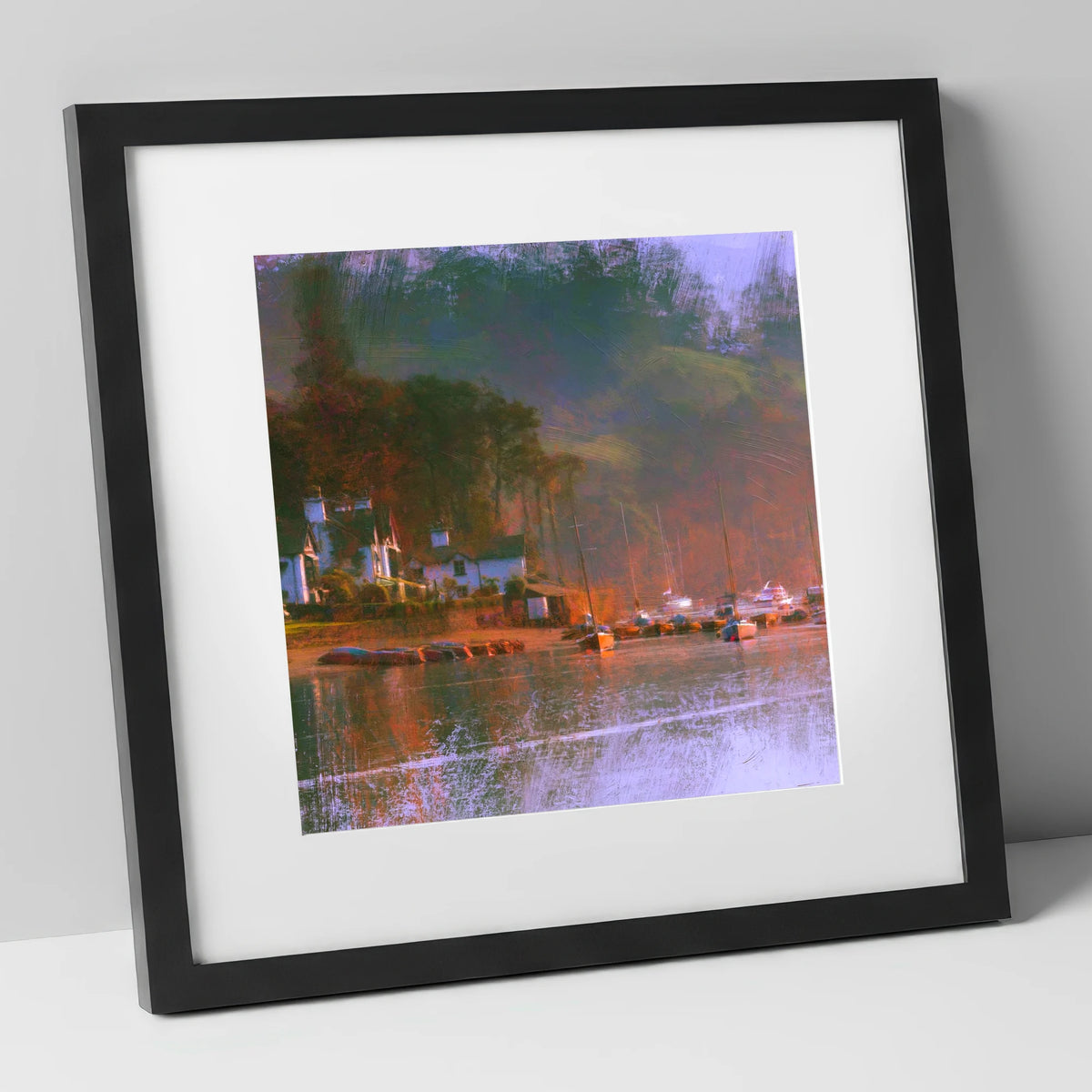 Autumn Light on Bowness Bay lake district village art print in black frame