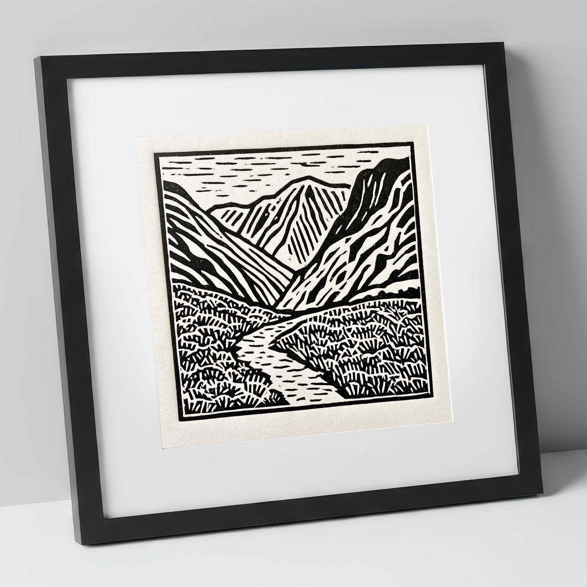 Monochrome Borrowdale Valley Fells lake district valley art print in black frame