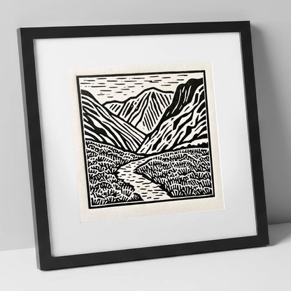Monochrome Borrowdale Valley Fells lake district valley art print in black frame