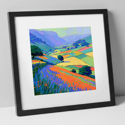 Colourful Patchwork Dale Fields lake district valley art print in black frame