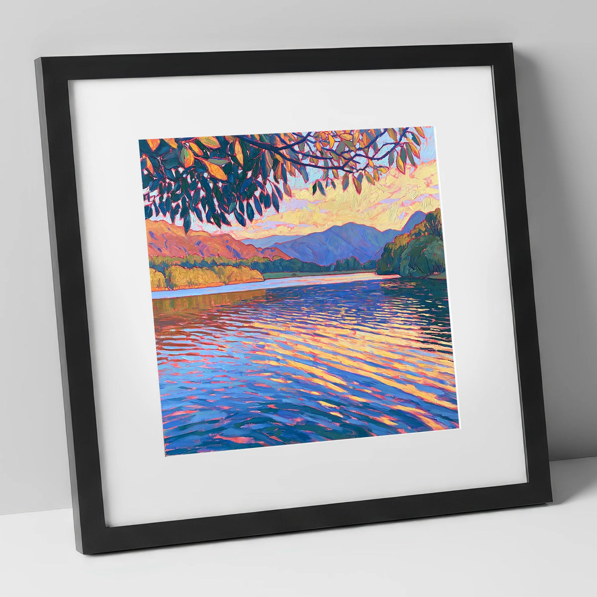 Golden Ripples on Esthwaite Water lake district village art print in black frame