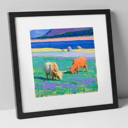 Vibrant Highland Cattle Pasture lake district wildlife art print in black frame