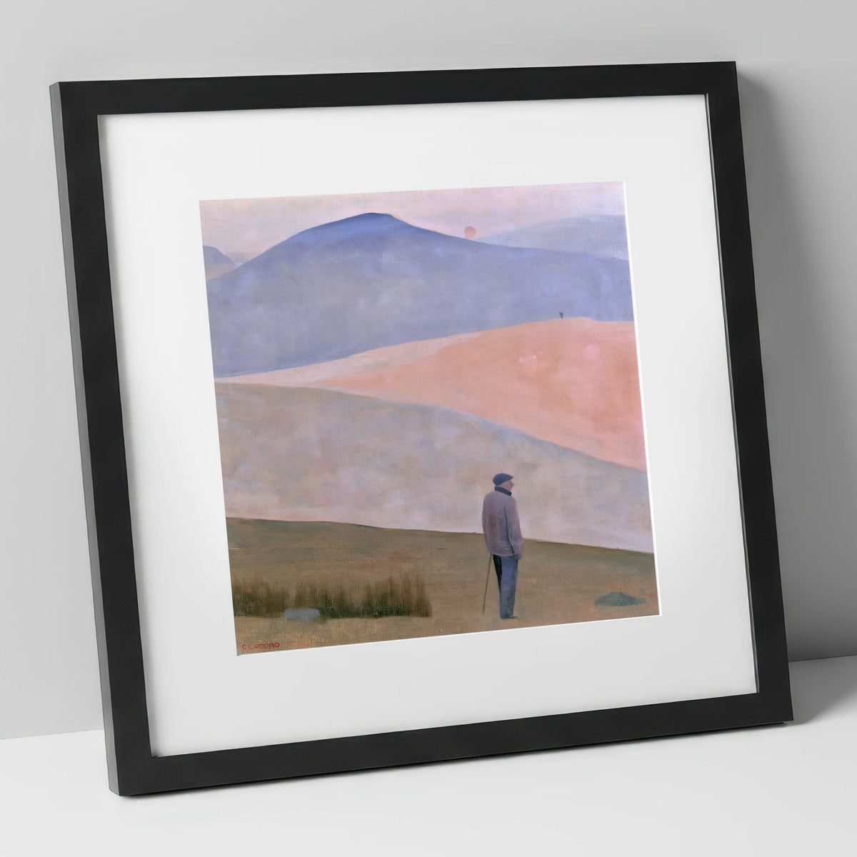 Lone Fell Walker at Dusk lake district walking art print in black frame