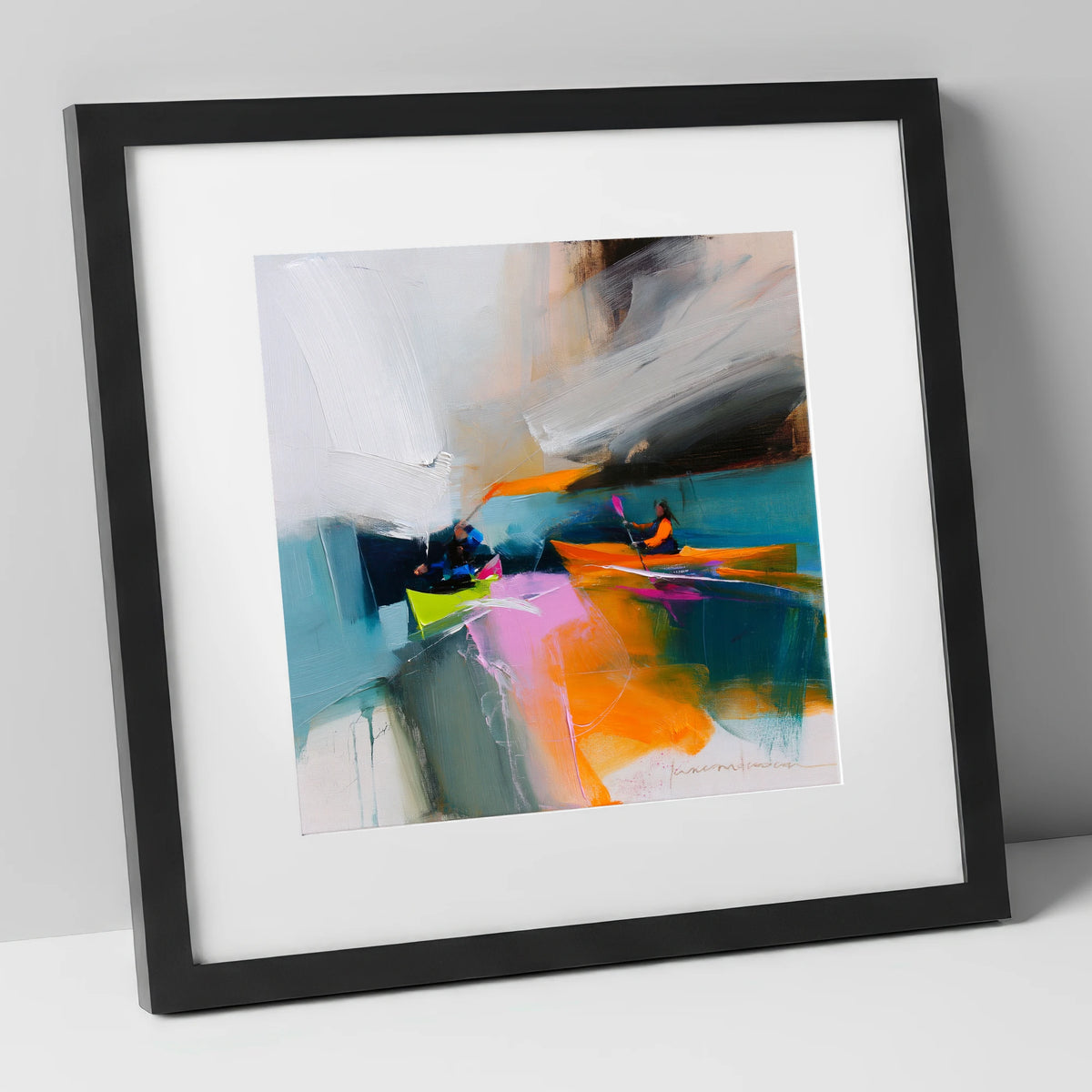 Vibrant Kayakers on a Lake lake district walking art print in black frame