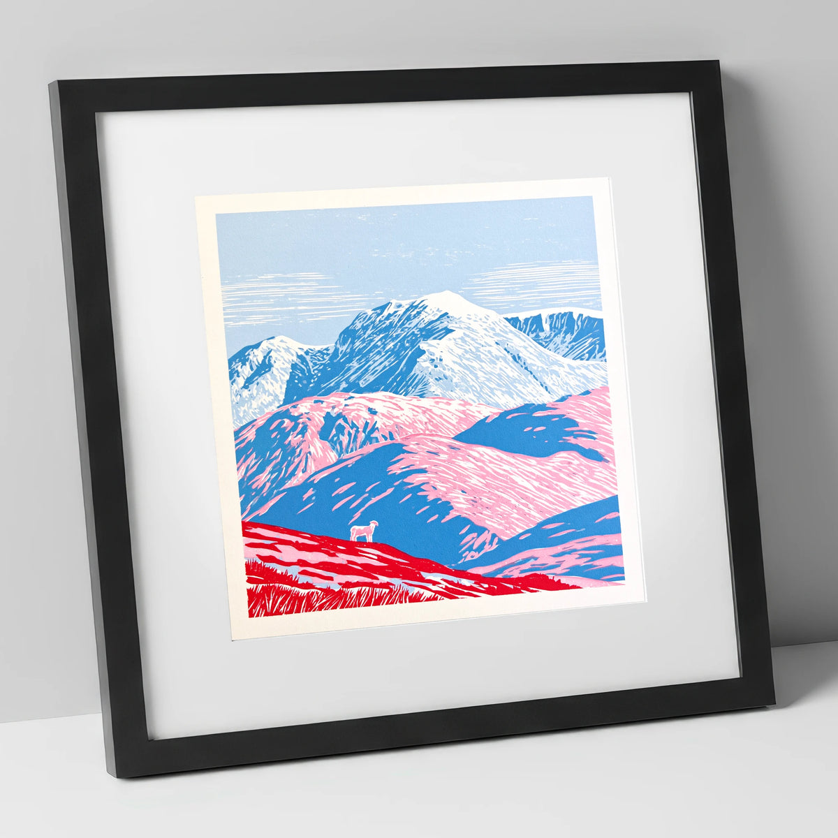 Vivid Pink Fells Below Bowfell lake district fell art print in black frame
