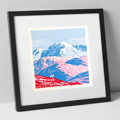 Vivid Pink Fells Below Bowfell lake district fell art print in black frame