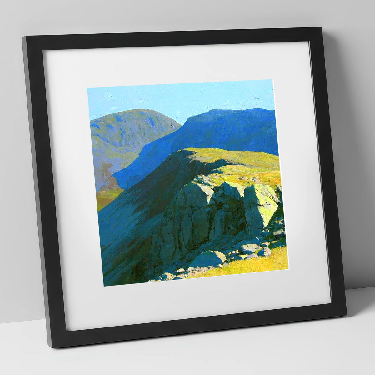 Sunlit Ridge on Crinkle Crags lake district fell art print in black frame