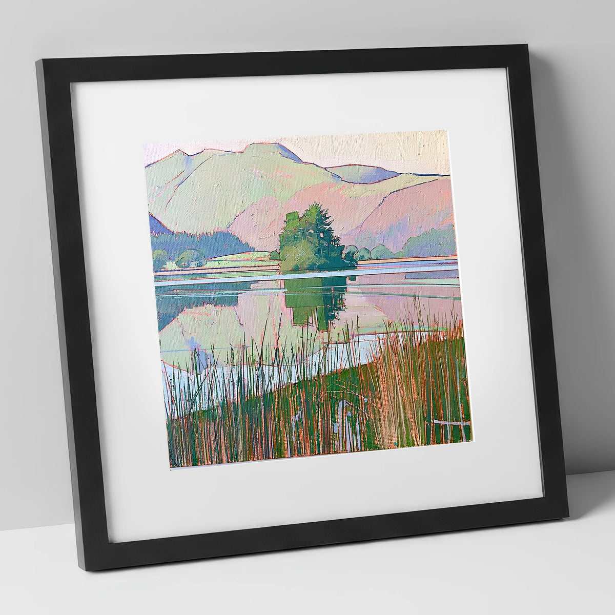 Grasmere Island Through Tall Reeds lake district lake art print in black frame