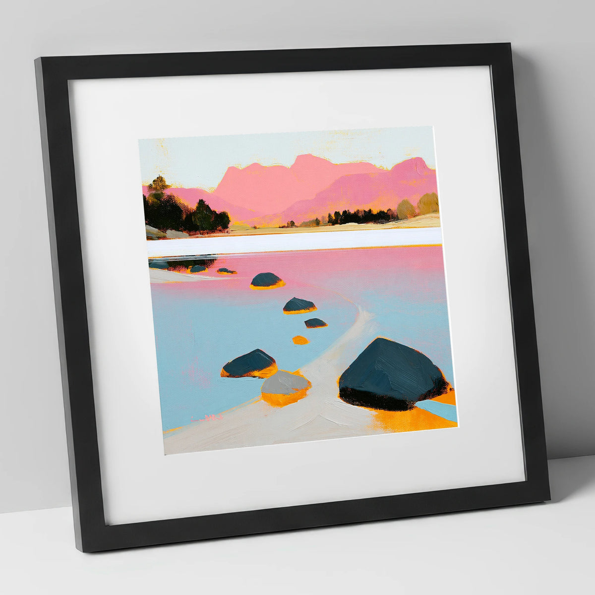 Elterwater Rocks and Pink Fells lake district lake art print in black frame