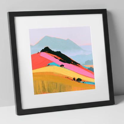 Vibrant Pink Mountain Ridge lake district fell art print in black frame