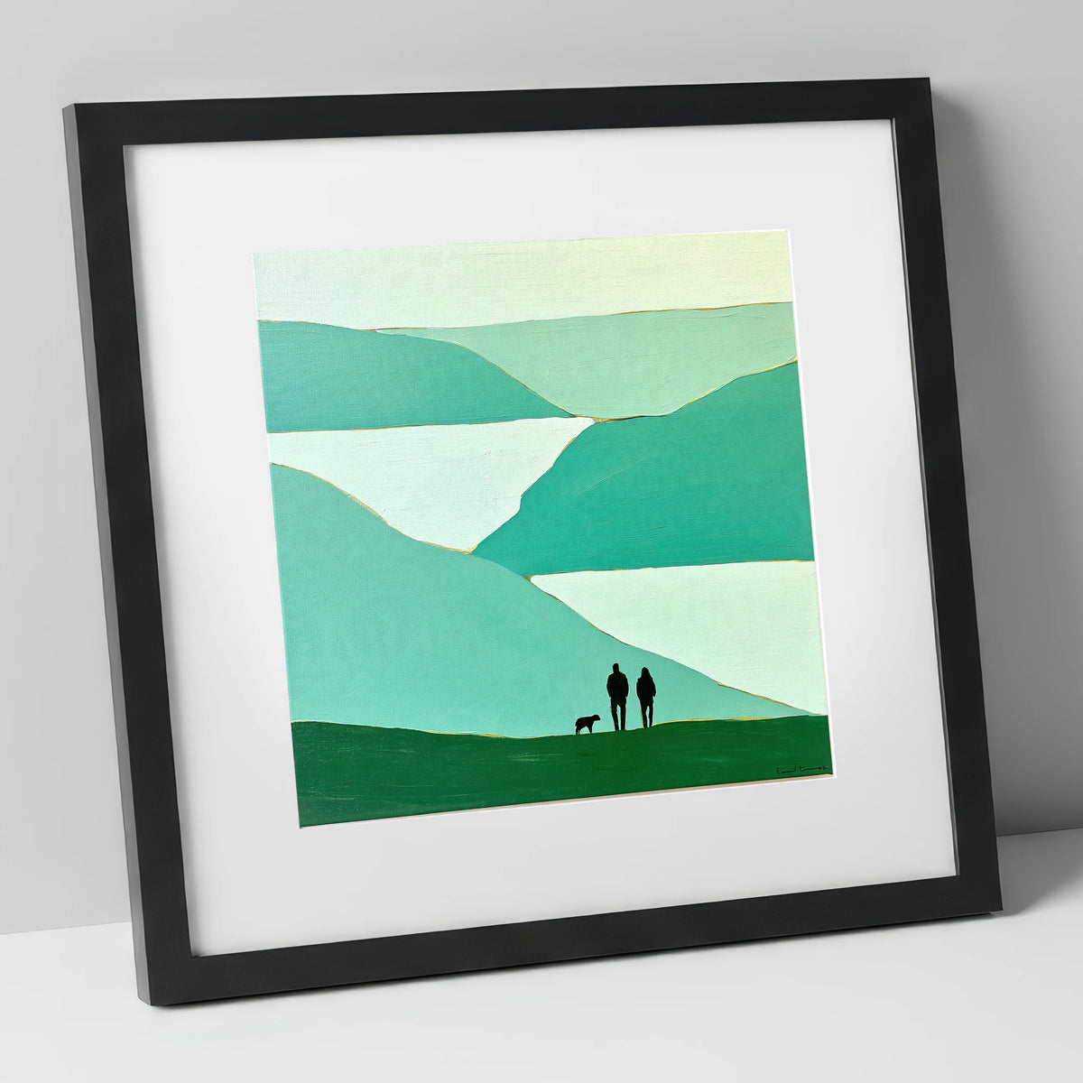 Glenridding Walkers in Teal Fells gifts for dog walkers art print in black frame