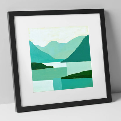 Wasdale Valley in Geometric Teal lake district valley art print in black frame