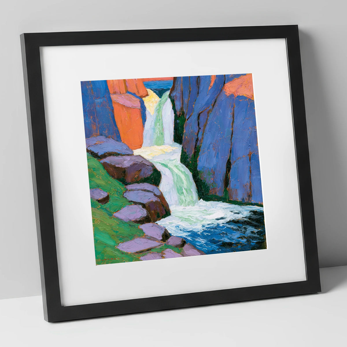 Vibrant Waterfall Between Blue Crags lake district waterfall art print in black frame