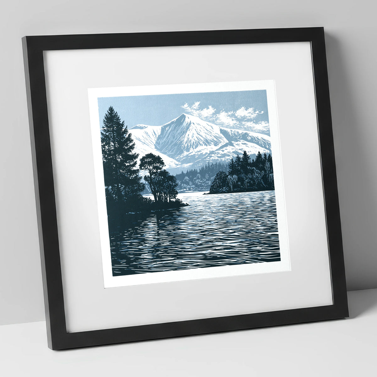 Winter Skiddaw in Deep Blue lake district fell art print in black frame