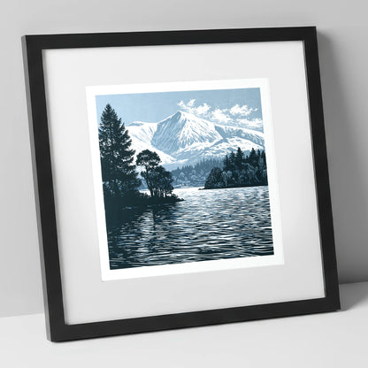 Winter Skiddaw in Deep Blue lake district fell art print in black frame