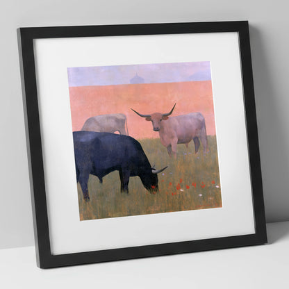 Highland Cattle in Pastel Light lake district wildlife art print in black frame