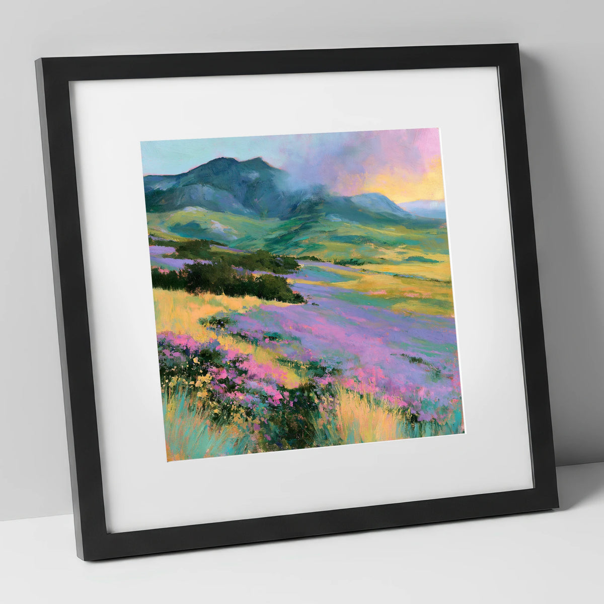 Vivid Heather on Lakeland Fells flowers & fellsides art print in black frame