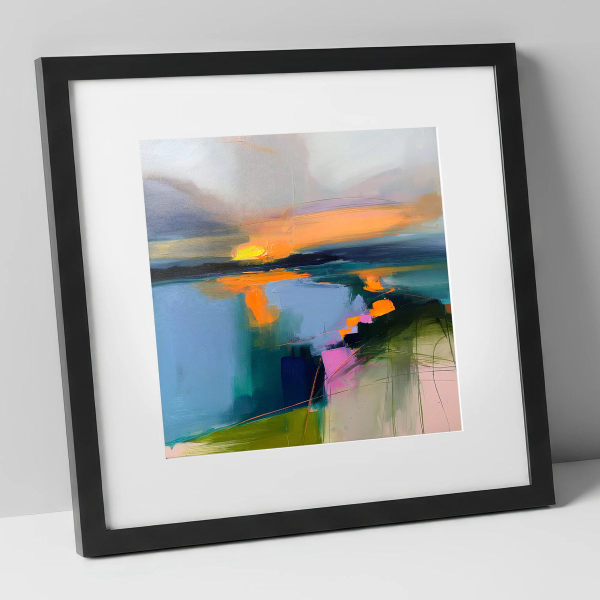 Abstract Sunset Over Lake Water lake district lake art print in black frame