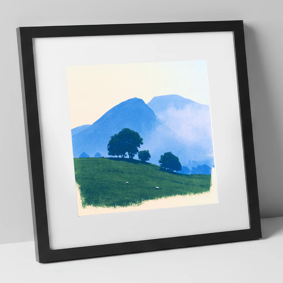 Mist Over the Blue Fells lake district fell art print in black frame