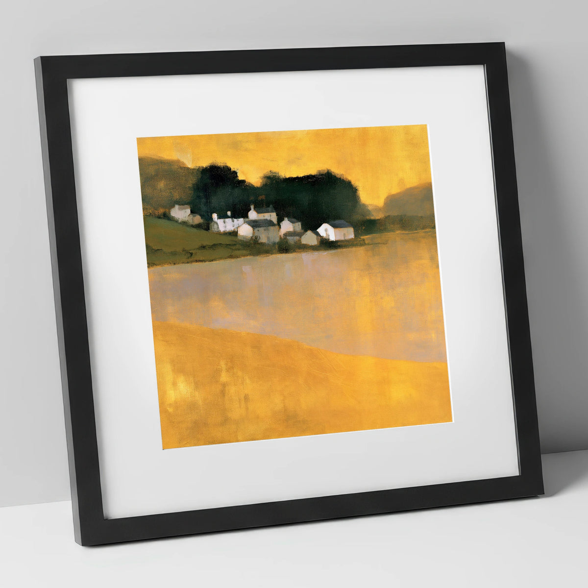 Lakeside Village in Golden Ochre lake district village art print in black frame
