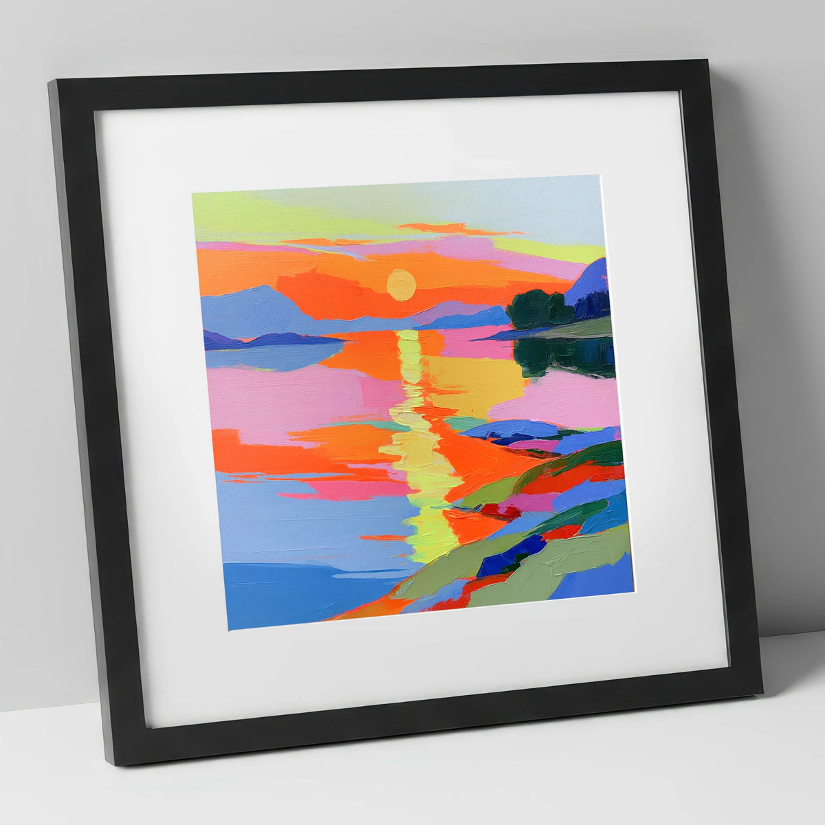 Vivid Sunset Over the Water lake district lake art print in black frame