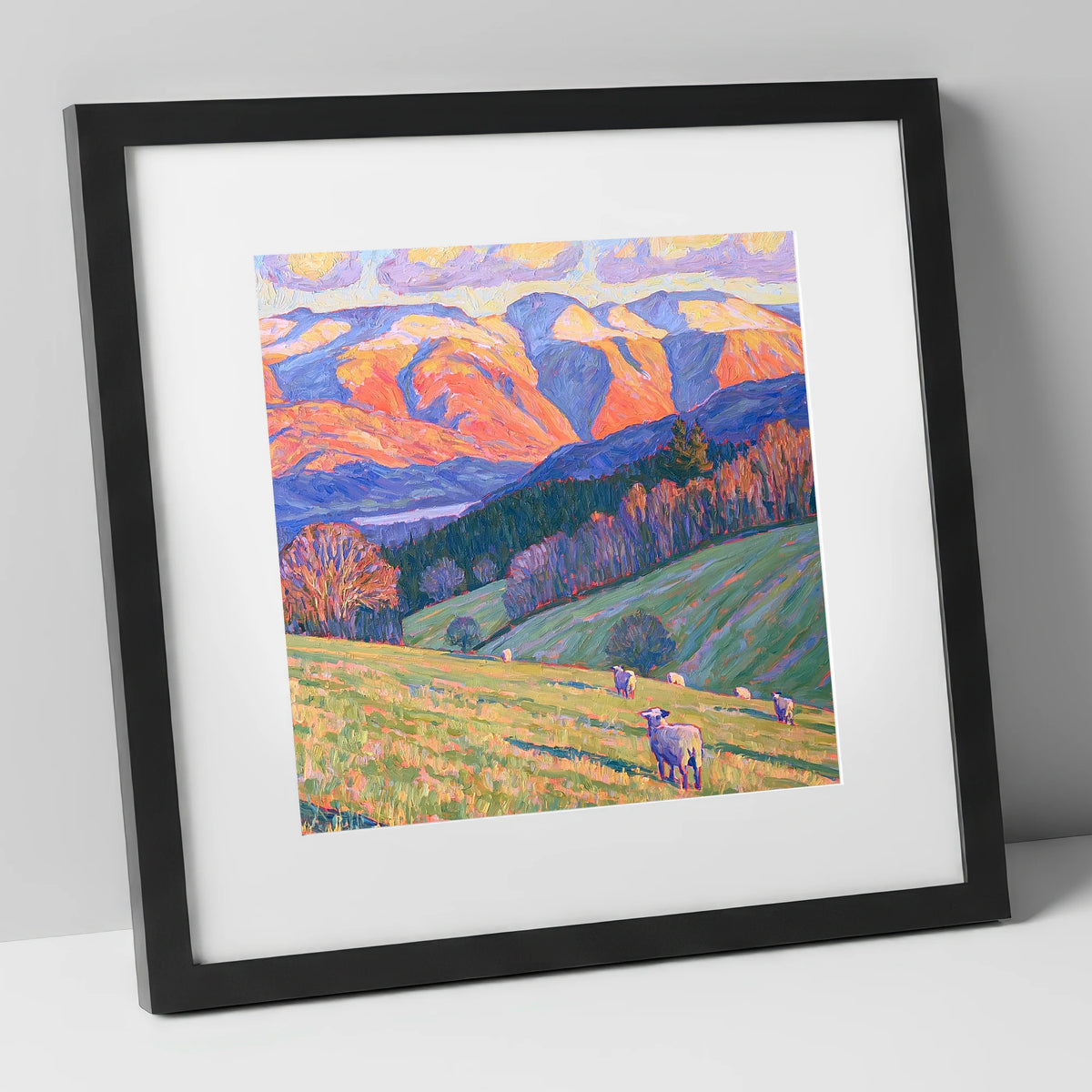 Hawkshead Pastures in Radiant Light lake district village art print in black frame