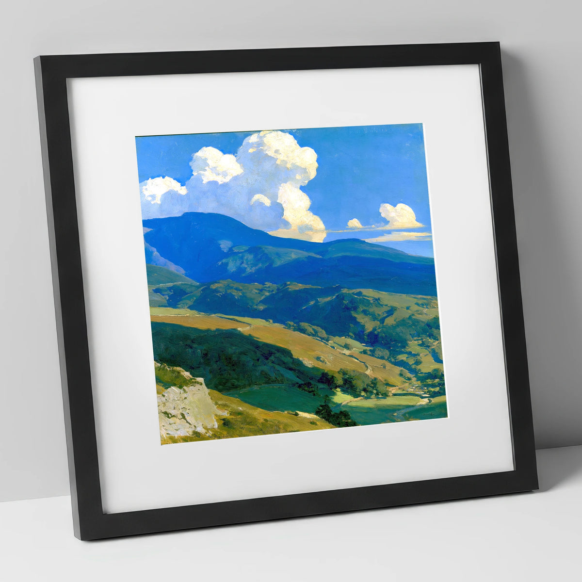 Blue Fells Under Towering Clouds lake district fell art print in black frame