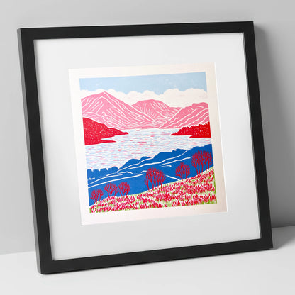Bold Pink Fells Above Ennerdale lake district valley art print in black frame