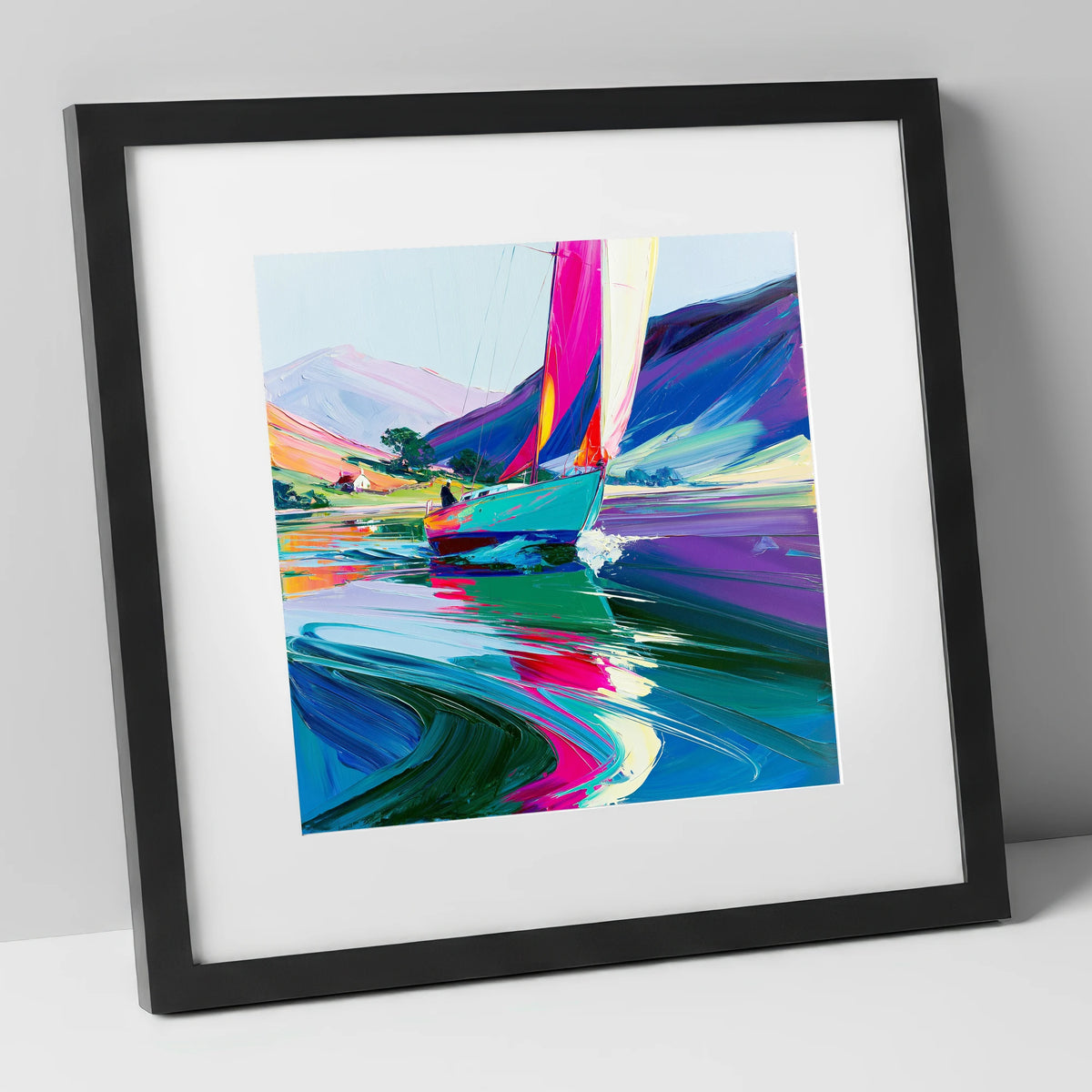 Bright Sails on a Breezy Lake lake district walking art print in black frame