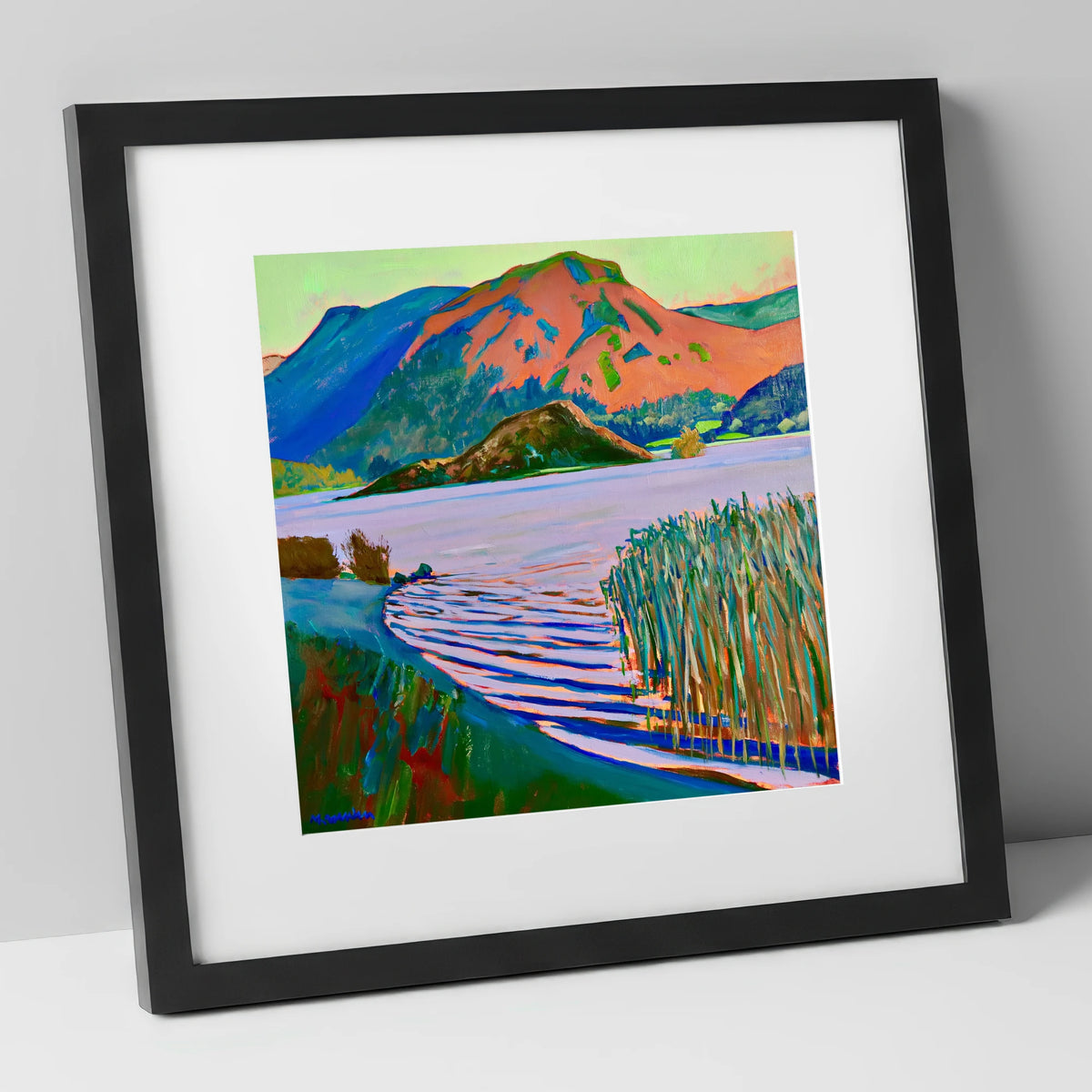 Grasmere Reeds and Vibrant Fells lake district lake art print in black frame