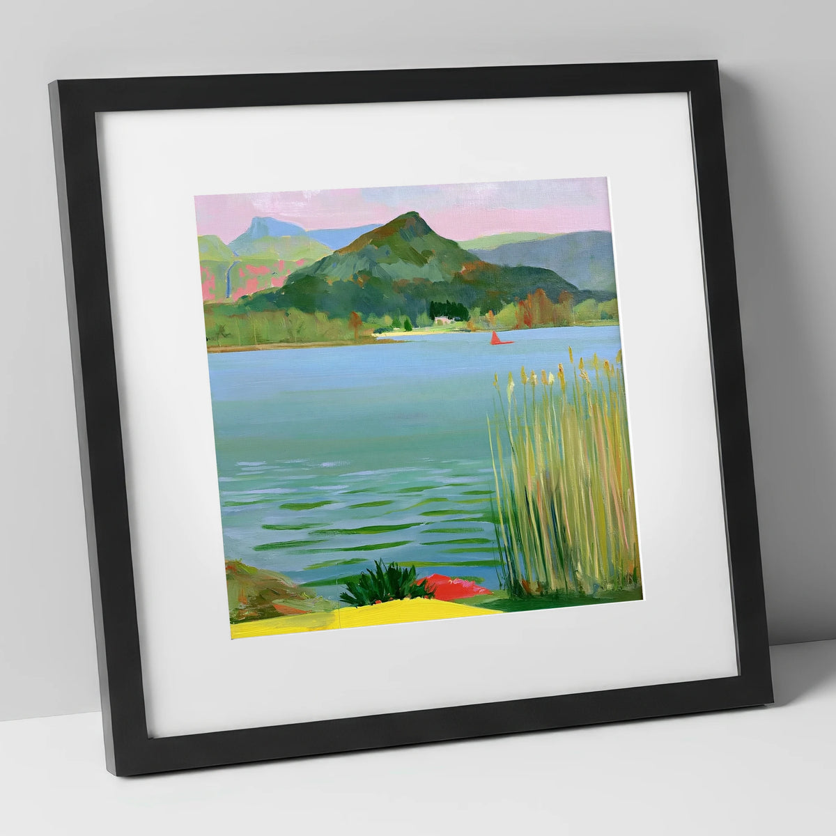 Vibrant Reeds on Grasmere Water lake district lake art print in black frame