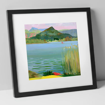 Vibrant Reeds on Grasmere Water lake district lake art print in black frame