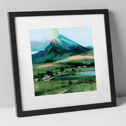 Teal Mountain Above Lakeside Hamlet lake district fell art print in black frame