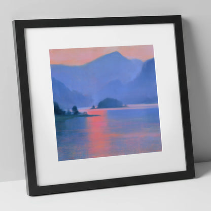 Derwentwater and Catbells in Pink Light lake district lake art print in black frame