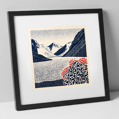 Wastwater Fells and Red Berries lake district lake art print in black frame