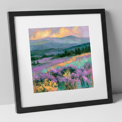 Vibrant Heather Fellside at Sunset flowers & fellsides art print in black frame