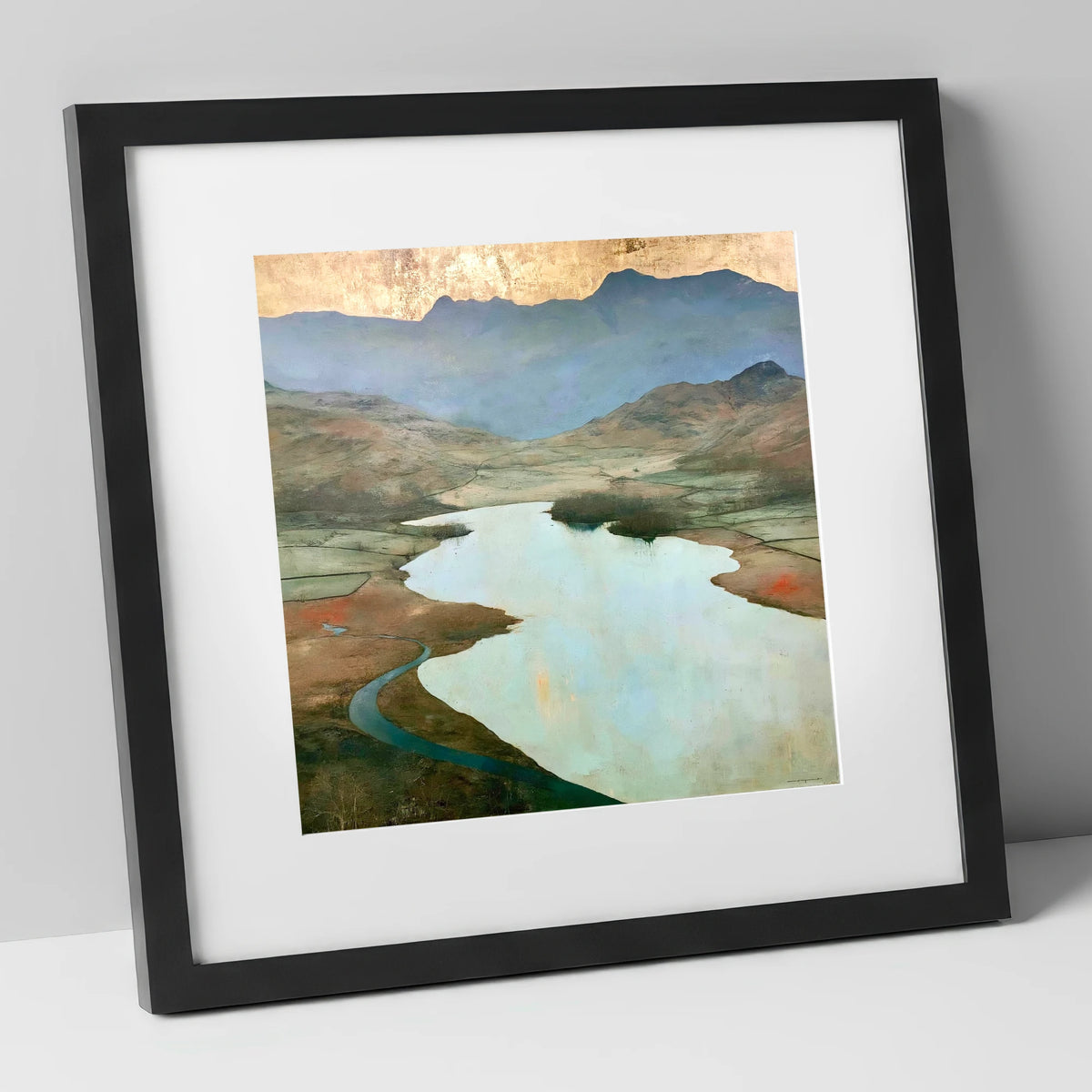 Golden Sky Over Elter Water lake district lake art print in black frame