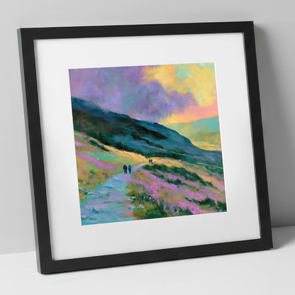 Walkers on Pastel Mountain Path lake district walking art print in black frame
