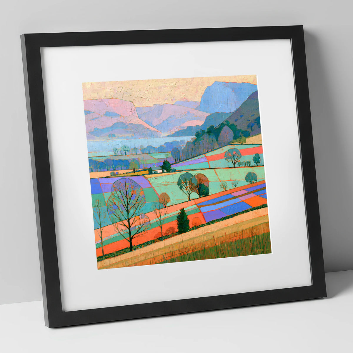 Bright Patchwork Valley Mist lake district sky art print in black frame
