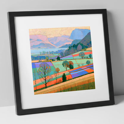 Bright Patchwork Valley Mist lake district sky art print in black frame