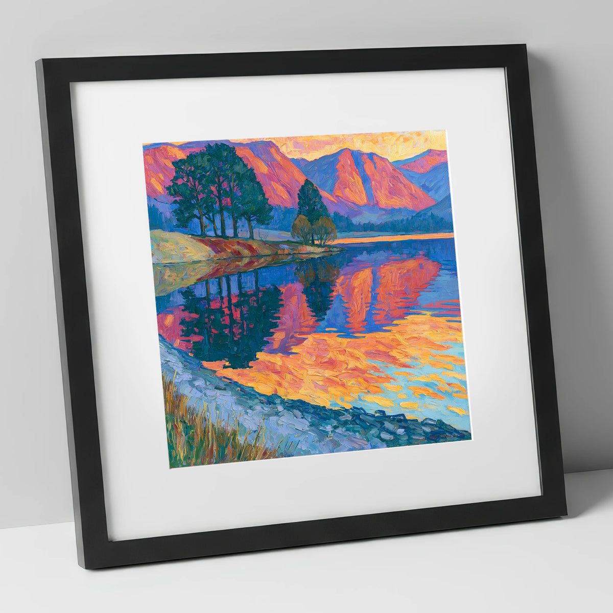 Vivid Dawn Lake Reflection lake district lake art print in black frame