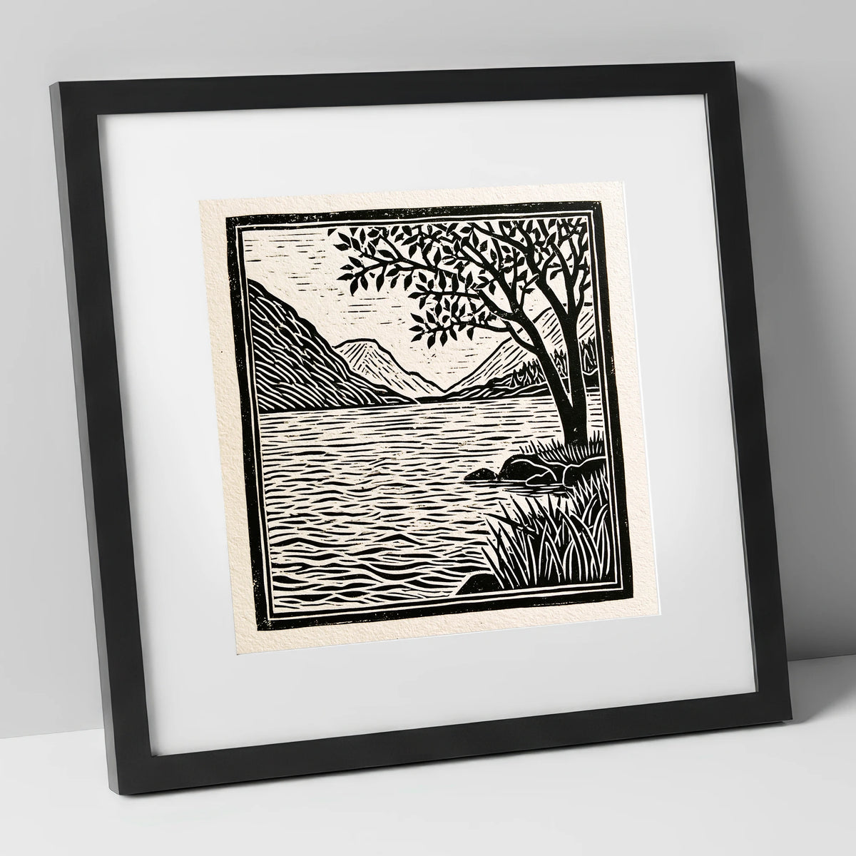 Graphic Lake Fells at Dawn lake district lake art print in black frame