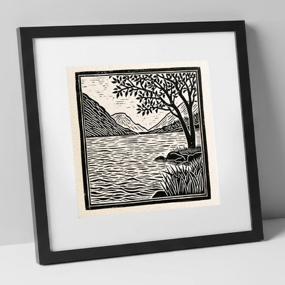 Graphic Lake Fells at Dawn lake district lake art print in black frame