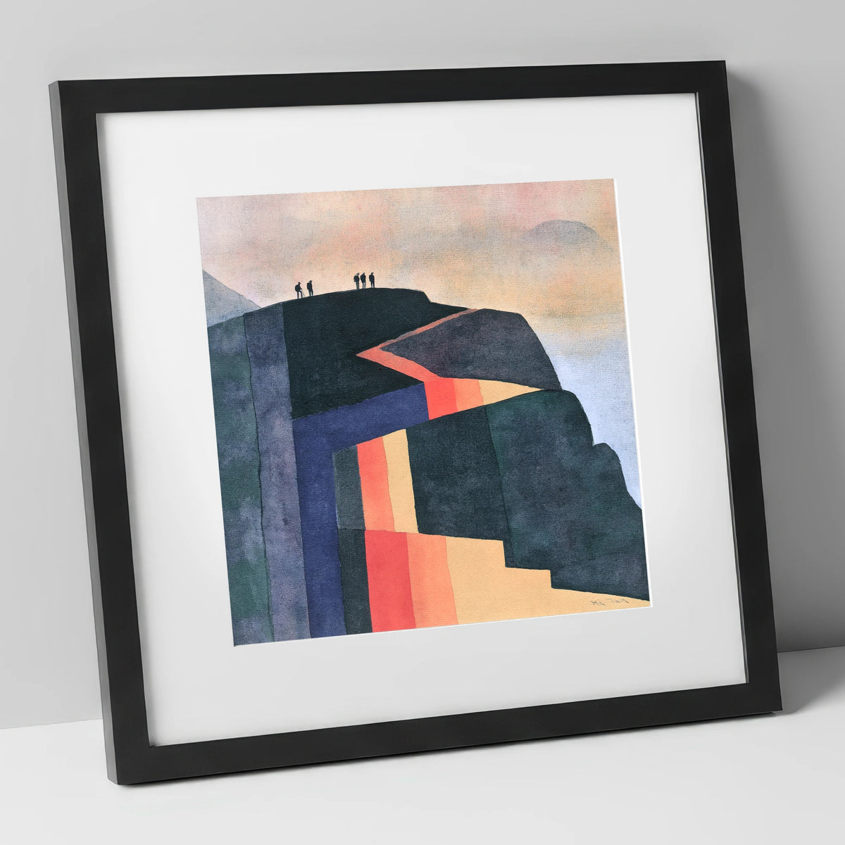 Hikers on Bold Geometric Fells lake district fell art print in black frame